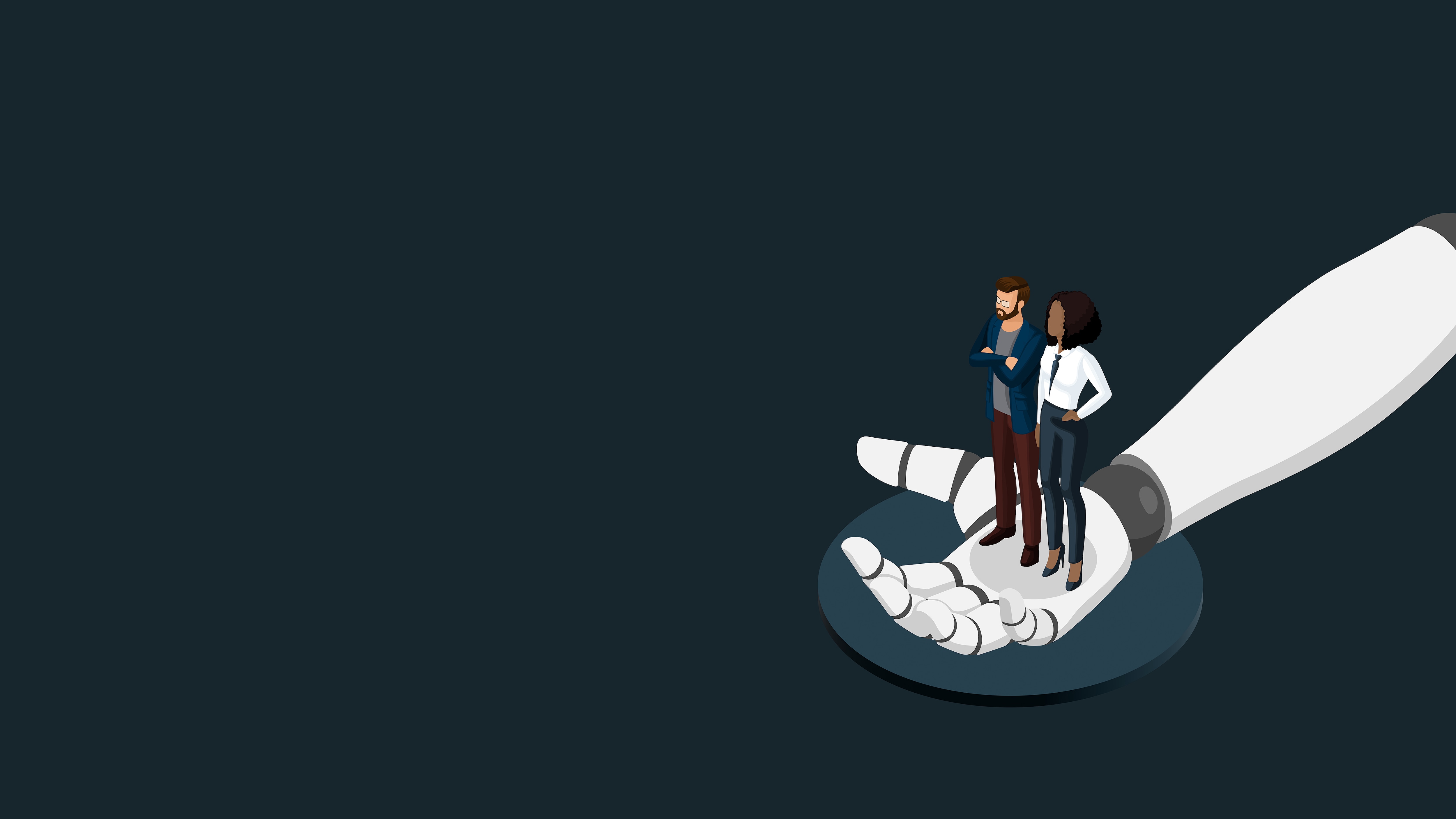 插图描绘了一男一女置身于一只机械手的掌心之中，象征着机器增强辅助。