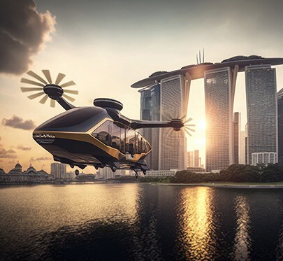 eVTOL vuela sobre un puerto, con una ciudad al fondo.