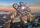 在城市上空飞行的 eVTOL。