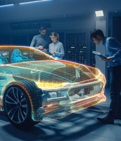 Des ingénieurs d'un laboratoire de conception automobile analysent la connectivité de la batterie d'un véhicule électrique.