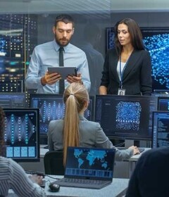 Des ingénieurs informatiques dans la salle de contrôle d'un centre de données exécutent des systèmes d'IA génératifs.
