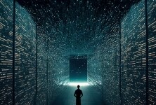 Un homme se tient debout dans un immense centre de données.