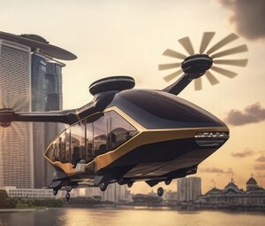 Un eVTOL survolant la ville au coucher du soleil.