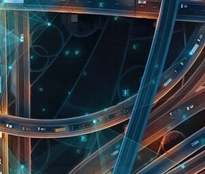 夜间城市高速公路的鸟瞰图,图中显示了自动驾驶汽车的探测范围。