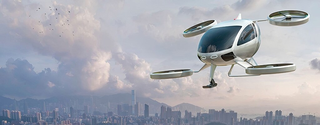 电动垂直起降 (eVTOL) 飞机准备起飞。