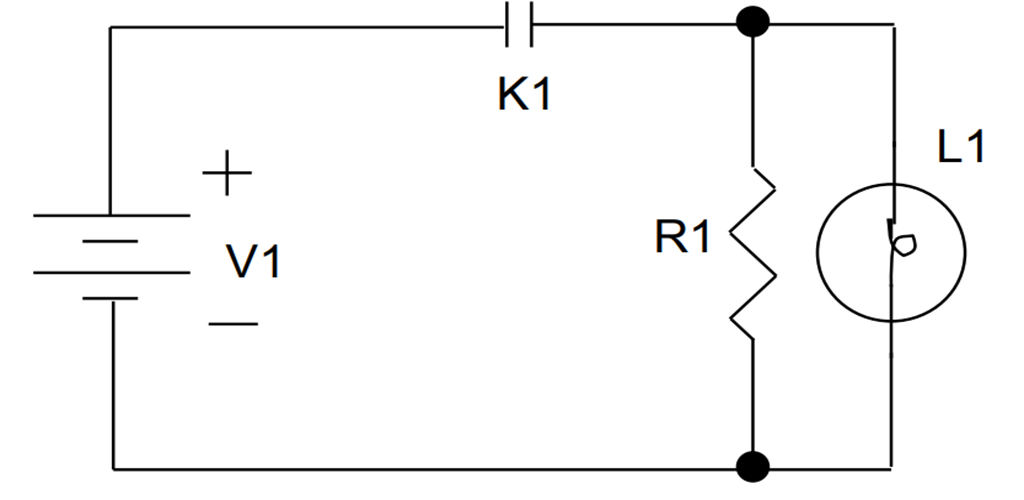 图 1 典型的触点验证电路：K1 = 测试的继电器触点。V1 = 最低额定电压。R1 = 选择 R 以设置通过 K1 触点的最低额定电流（包括灯）。L1 = 指示灯（V1 下的额定值）。