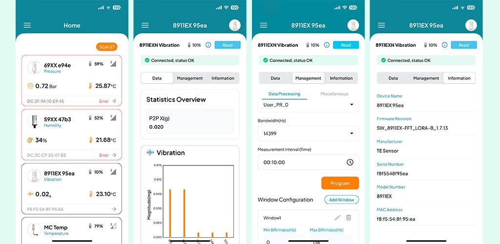 TE SensorConnect 应用程序的仪表盘、实时模式、设置和信息的屏幕截图